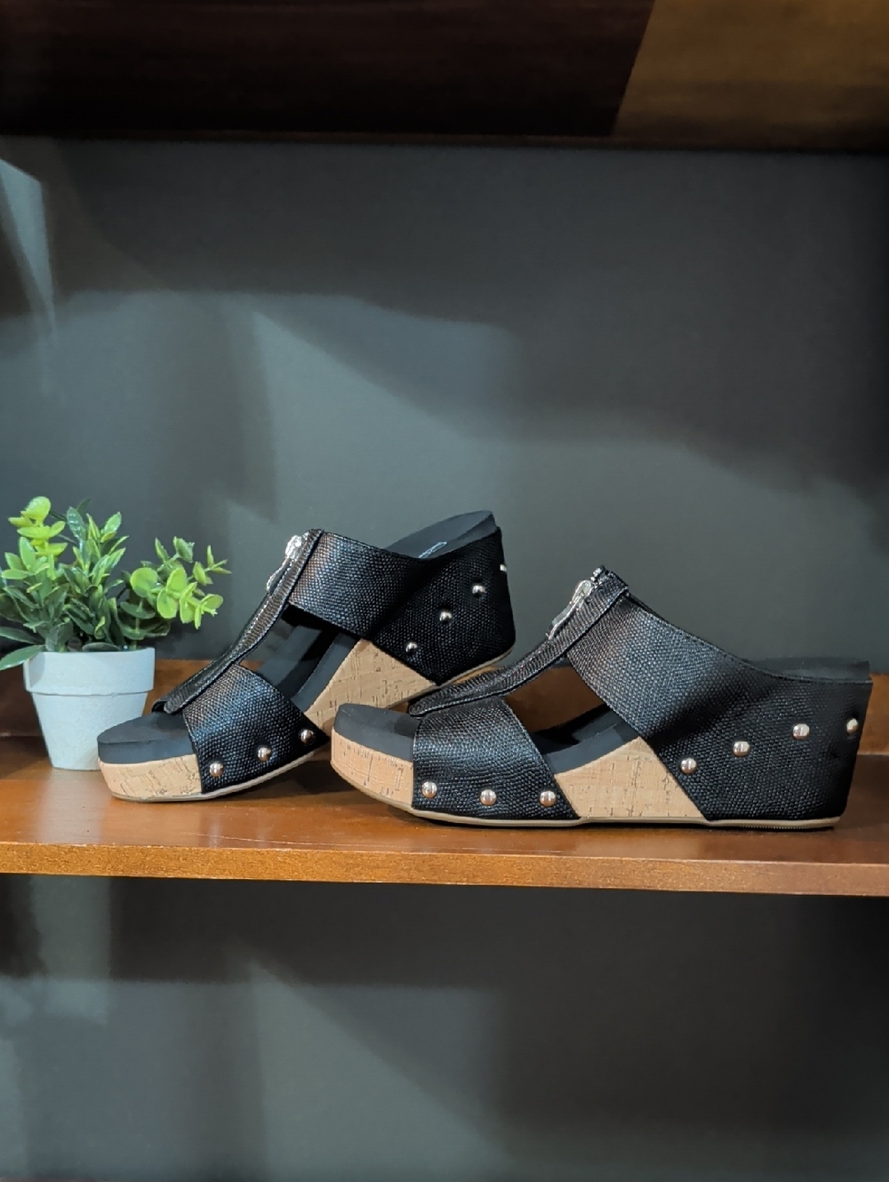 Corkys Black Studded Cork Wedge Sandals